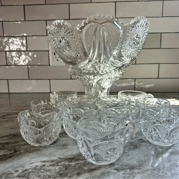 Dining | Antique Glass Punch Bowl Set With Glasses | Poshmark